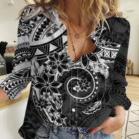 Polynesian Pattern With Plumeria Flowers Women Casual Shirt Black LT05 Female Black - Polynesian Pride
