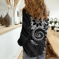Polynesian Pattern With Plumeria Flowers Women Casual Shirt Black LT05 - Polynesian Pride