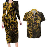 Polynesian Sunset Plumeria Couples Matching Long Sleeve Bodycon Dress and Hawaiian Shirt Gold Polynesian Tattoo LT05 Gold - Polynesian Pride