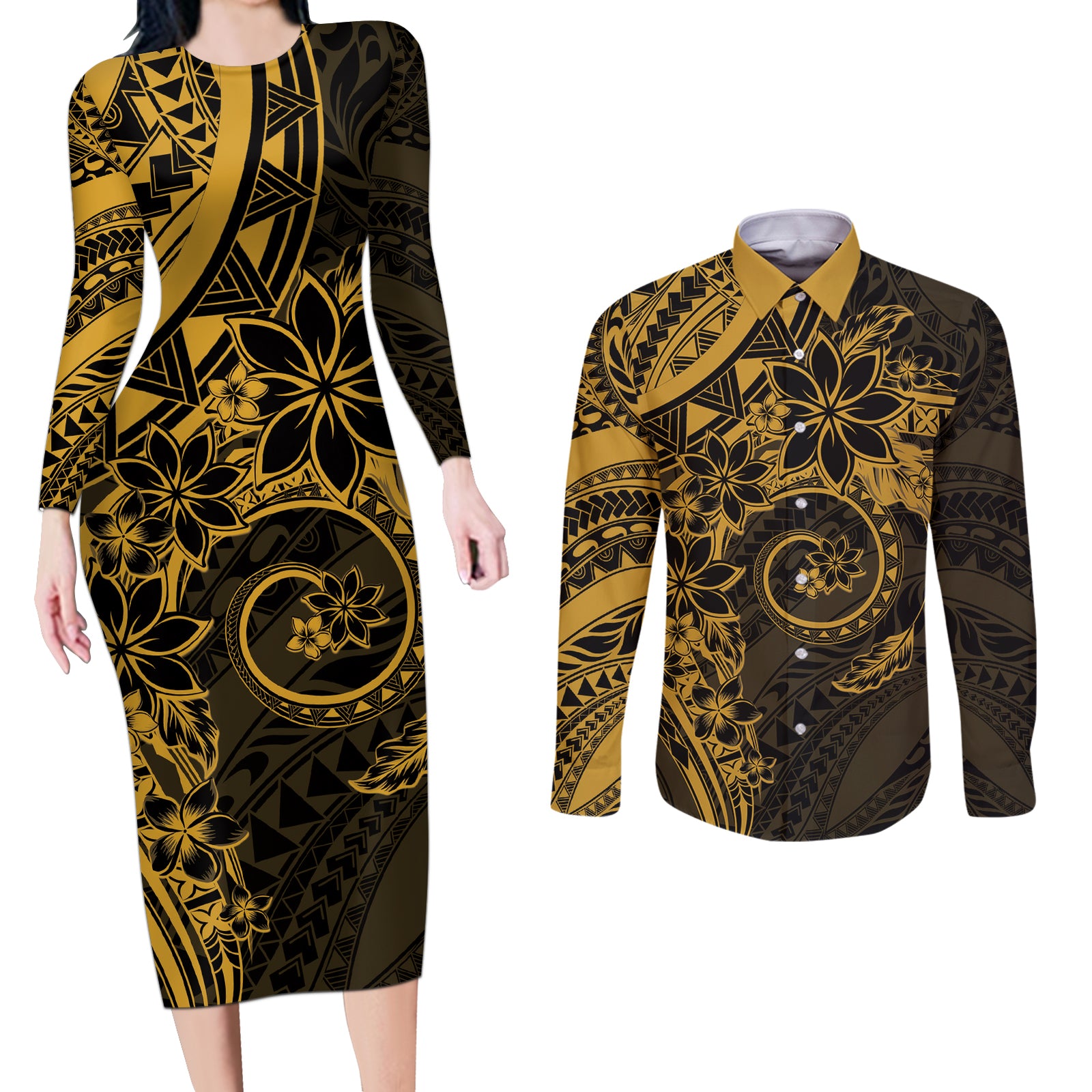 Polynesian Sunset Plumeria Couples Matching Long Sleeve Bodycon Dress and Long Sleeve Button Shirt Gold Polynesian Tattoo