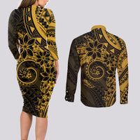 Polynesian Sunset Plumeria Couples Matching Long Sleeve Bodycon Dress and Long Sleeve Button Shirt Gold Polynesian Tattoo LT05 - Polynesian Pride