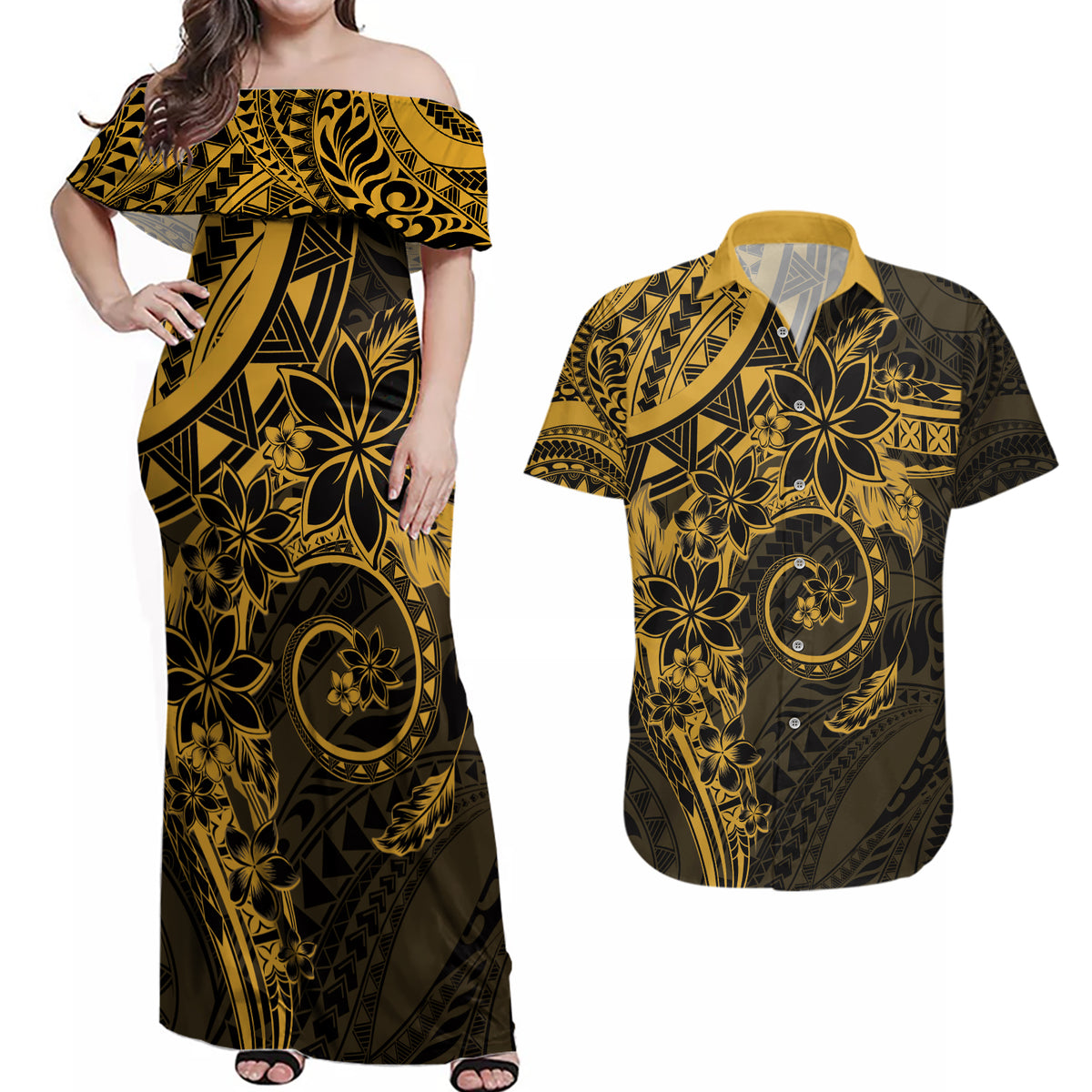 Polynesian Sunset Plumeria Couples Matching Off Shoulder Maxi Dress and Hawaiian Shirt Gold Polynesian Tattoo LT05 Gold - Polynesian Pride