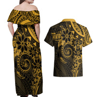 Polynesian Sunset Plumeria Couples Matching Off Shoulder Maxi Dress and Hawaiian Shirt Gold Polynesian Tattoo LT05 - Polynesian Pride