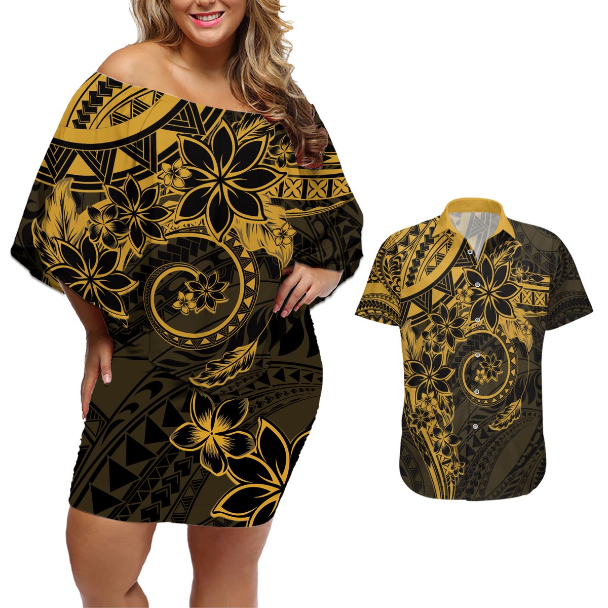 Polynesian Sunset Plumeria Couples Matching Off Shoulder Short Dress and Hawaiian Shirt Gold Polynesian Tattoo