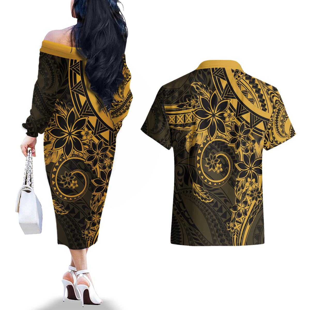Polynesian Sunset Plumeria Couples Matching Off The Shoulder Long Sleeve Dress and Hawaiian Shirt Gold Polynesian Tattoo LT05 - Polynesian Pride