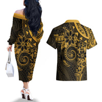 Polynesian Sunset Plumeria Couples Matching Off The Shoulder Long Sleeve Dress and Hawaiian Shirt Gold Polynesian Tattoo LT05 - Polynesian Pride