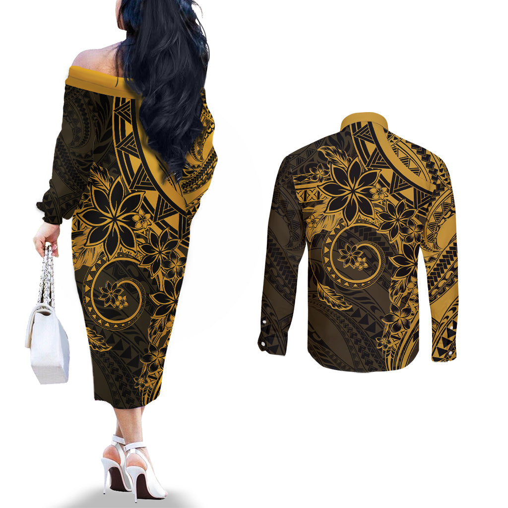 Polynesian Sunset Plumeria Couples Matching Off The Shoulder Long Sleeve Dress and Long Sleeve Button Shirt Gold Polynesian Tattoo LT05 - Polynesian Pride