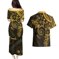 Polynesian Sunset Plumeria Couples Matching Puletasi and Hawaiian Shirt Gold Polynesian Tattoo