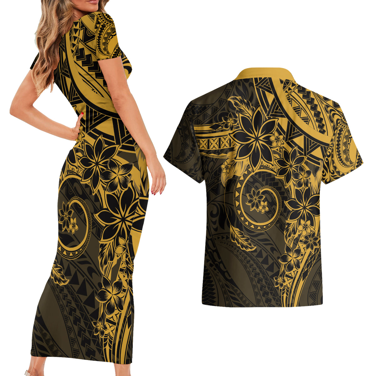 Polynesian Sunset Plumeria Couples Matching Short Sleeve Bodycon Dress and Hawaiian Shirt Gold Polynesian Tattoo LT05 - Polynesian Pride
