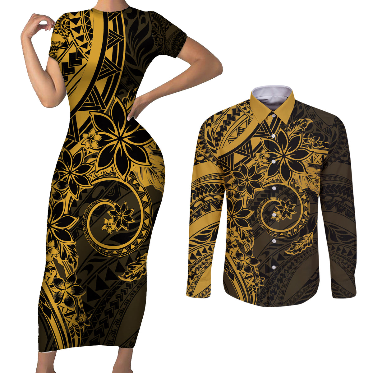 Polynesian Sunset Plumeria Couples Matching Short Sleeve Bodycon Dress and Long Sleeve Button Shirt Gold Polynesian Tattoo LT05 Gold - Polynesian Pride