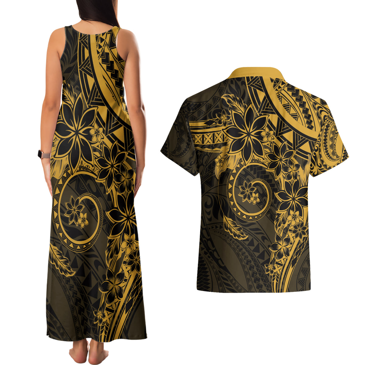 Polynesian Sunset Plumeria Couples Matching Tank Maxi Dress and Hawaiian Shirt Gold Polynesian Tattoo LT05 - Polynesian Pride
