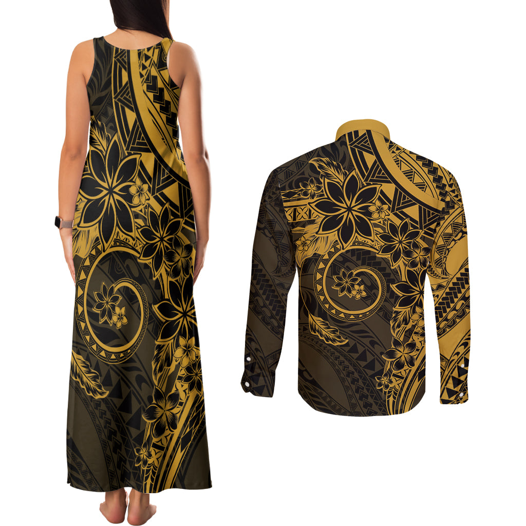 Polynesian Sunset Plumeria Couples Matching Tank Maxi Dress and Long Sleeve Button Shirt Gold Polynesian Tattoo LT05 - Polynesian Pride