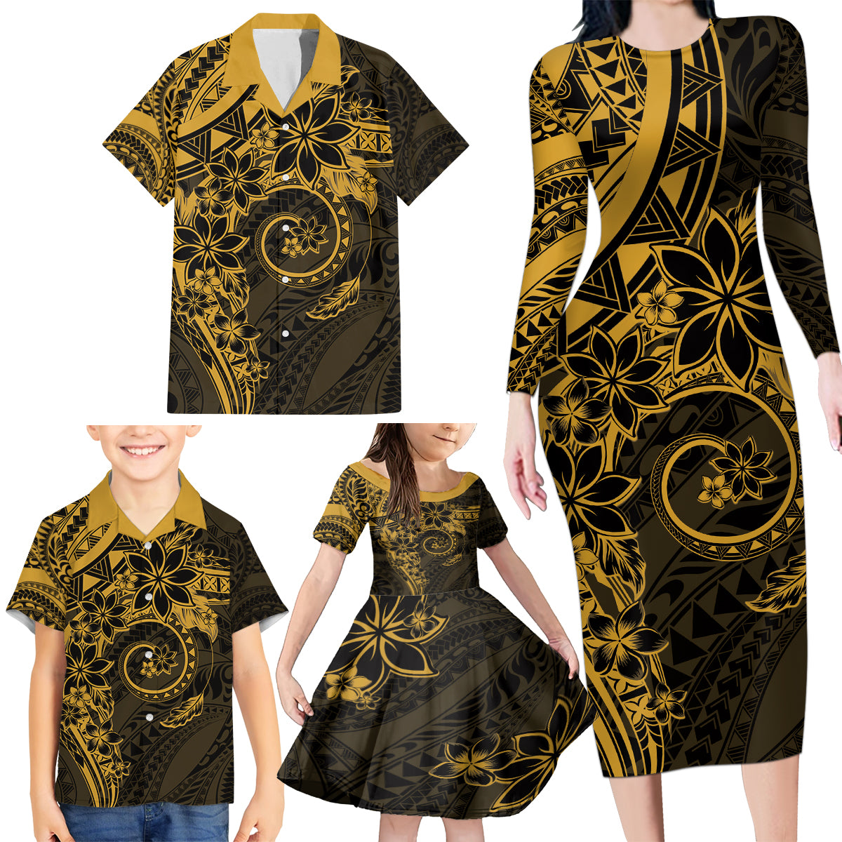 Polynesian Sunset Plumeria Family Matching Long Sleeve Bodycon Dress and Hawaiian Shirt Gold Polynesian Tattoo LT05 - Polynesian Pride