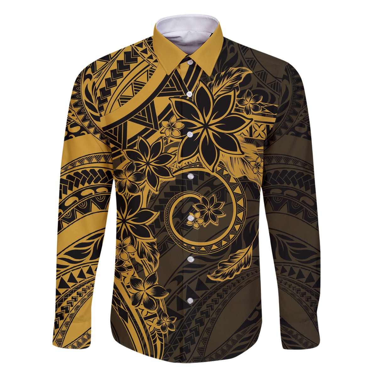 Polynesian Sunset Plumeria Family Matching Long Sleeve Bodycon Dress and Hawaiian Shirt Gold Polynesian Tattoo LT05 Dad's Shirt - Long Sleeve Gold - Polynesian Pride