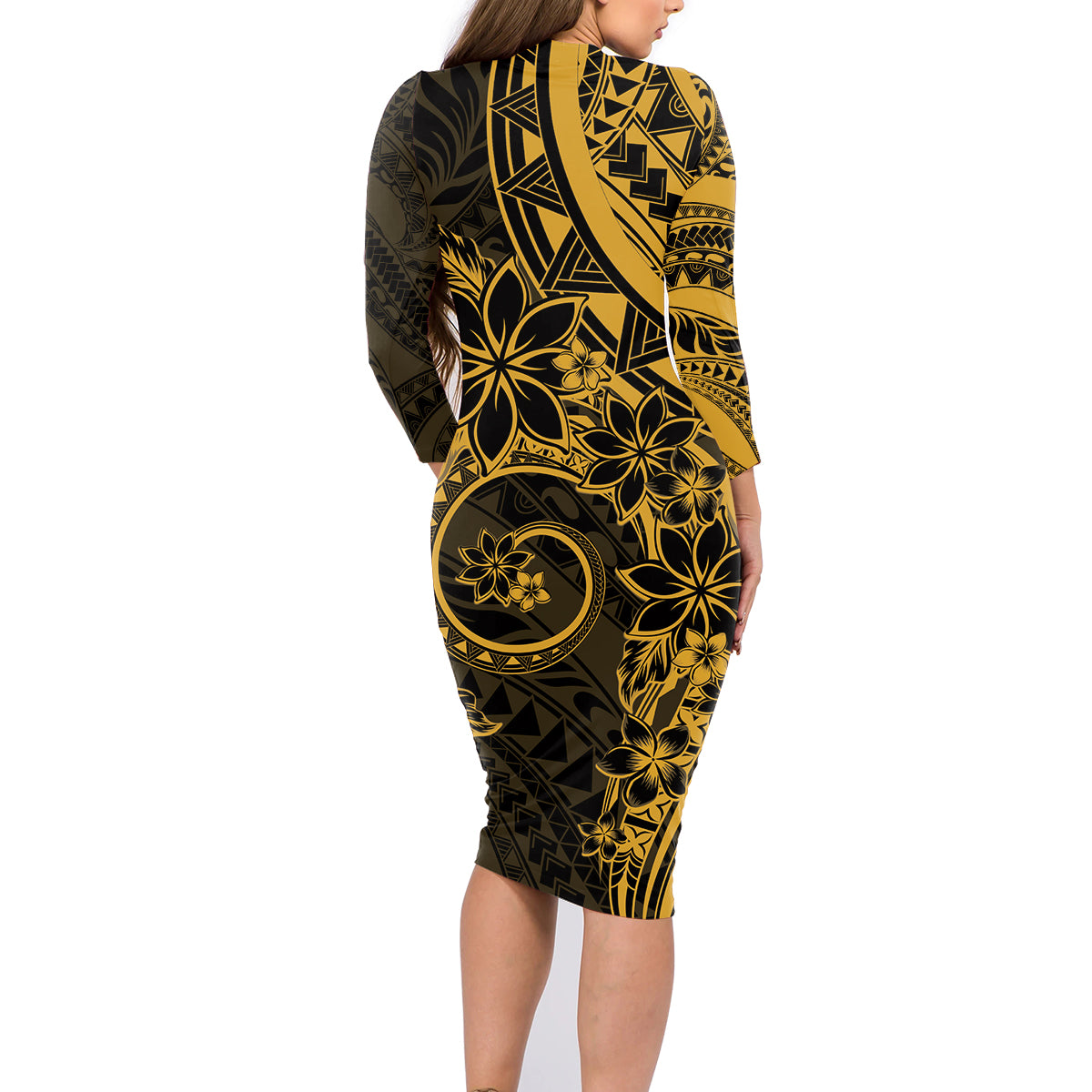 Polynesian Sunset Plumeria Family Matching Long Sleeve Bodycon Dress and Hawaiian Shirt Gold Polynesian Tattoo LT05 - Polynesian Pride