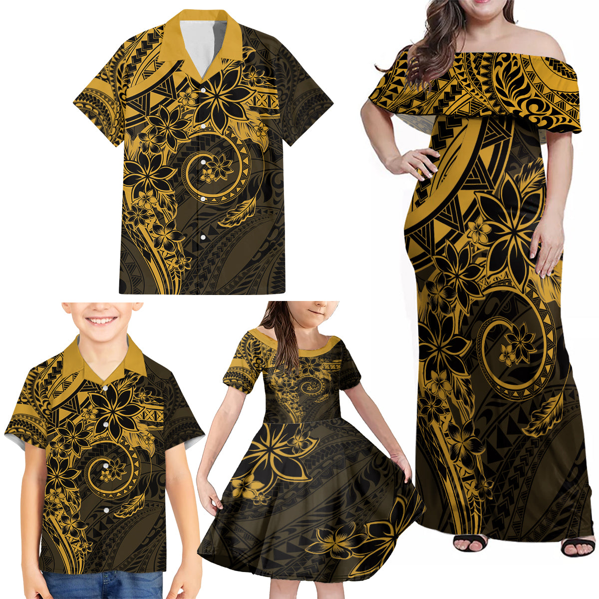Polynesian Sunset Plumeria Family Matching Off Shoulder Maxi Dress and Hawaiian Shirt Gold Polynesian Tattoo LT05 - Polynesian Pride