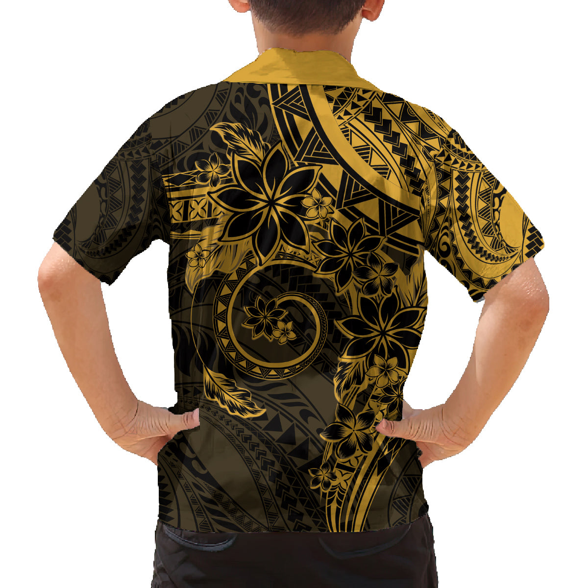 Polynesian Sunset Plumeria Family Matching Off Shoulder Short Dress and Hawaiian Shirt Gold Polynesian Tattoo LT05 - Polynesian Pride