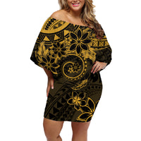 Polynesian Sunset Plumeria Family Matching Off Shoulder Short Dress and Hawaiian Shirt Gold Polynesian Tattoo LT05 Mom's Dress Gold - Polynesian Pride