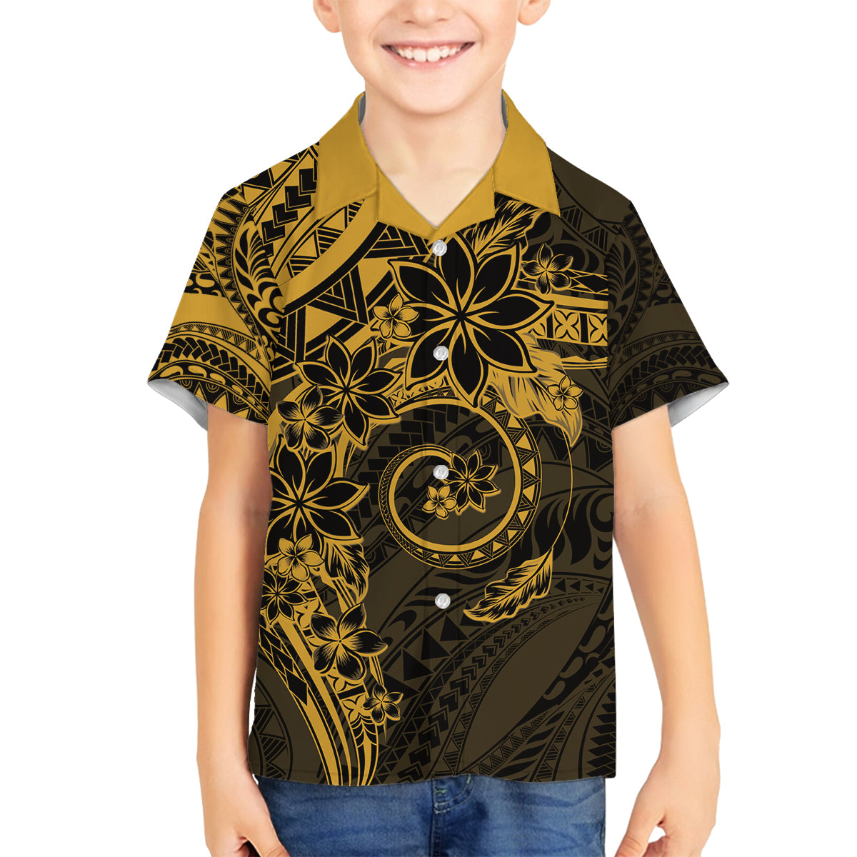 Polynesian Sunset Plumeria Family Matching Off Shoulder Short Dress and Hawaiian Shirt Gold Polynesian Tattoo LT05 Son's Shirt Gold - Polynesian Pride