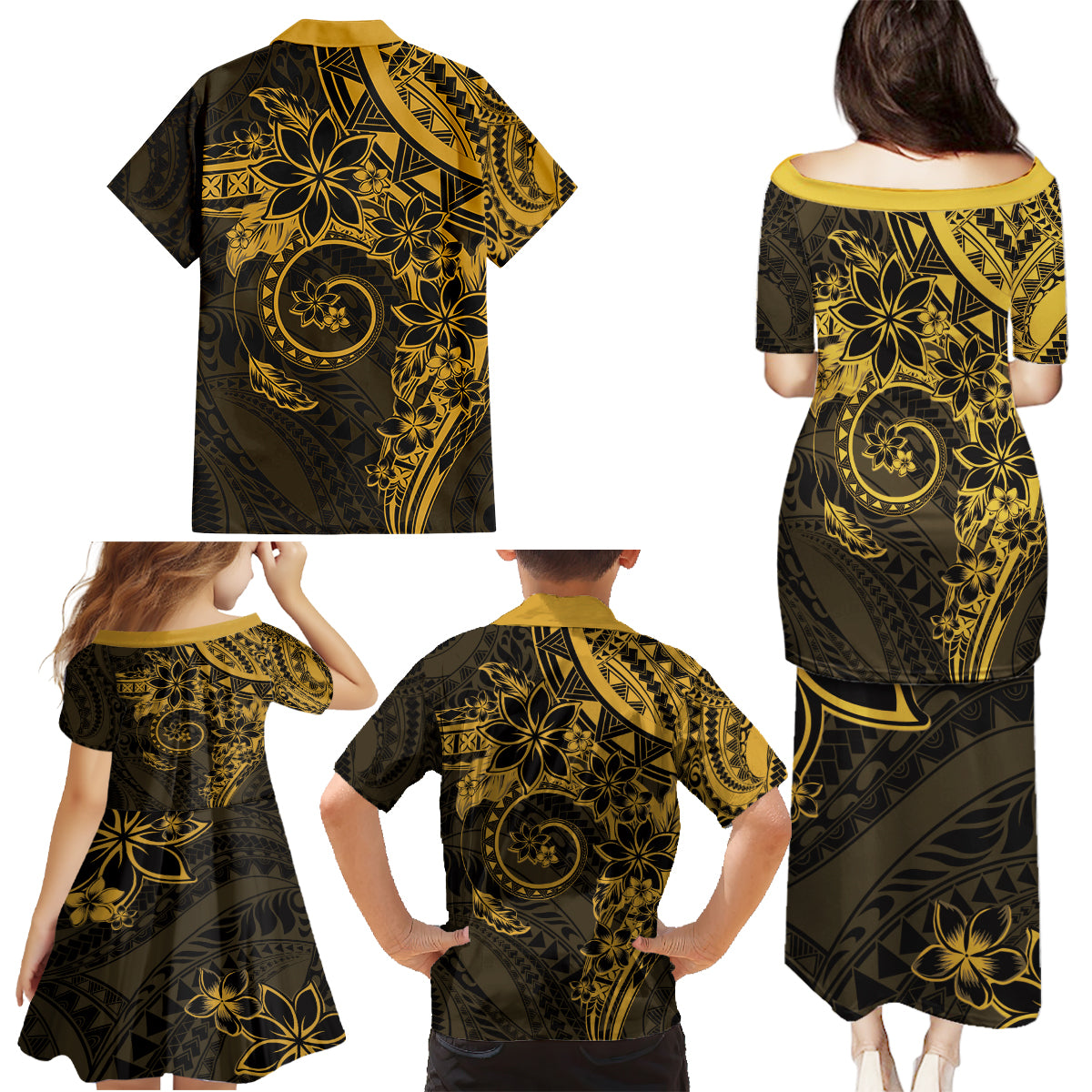 Polynesian Sunset Plumeria Family Matching Puletasi and Hawaiian Shirt Gold Polynesian Tattoo LT05 - Polynesian Pride