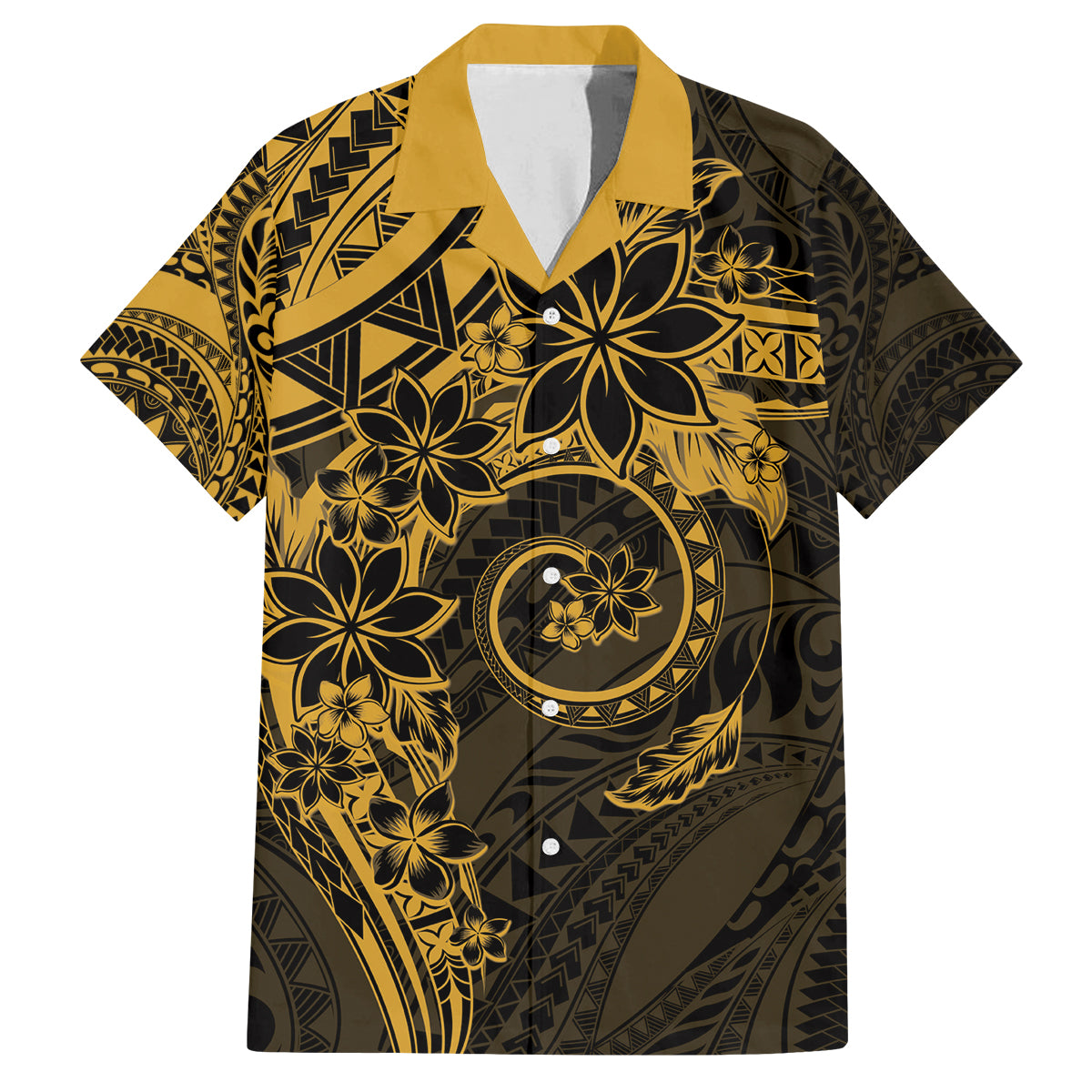 Polynesian Sunset Plumeria Family Matching Puletasi and Hawaiian Shirt Gold Polynesian Tattoo LT05 Dad's Shirt - Short Sleeve Gold - Polynesian Pride