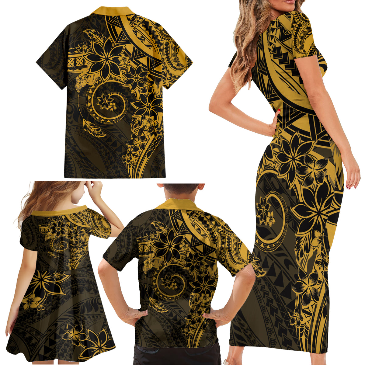 Polynesian Sunset Plumeria Family Matching Short Sleeve Bodycon Dress and Hawaiian Shirt Gold Polynesian Tattoo LT05 - Polynesian Pride