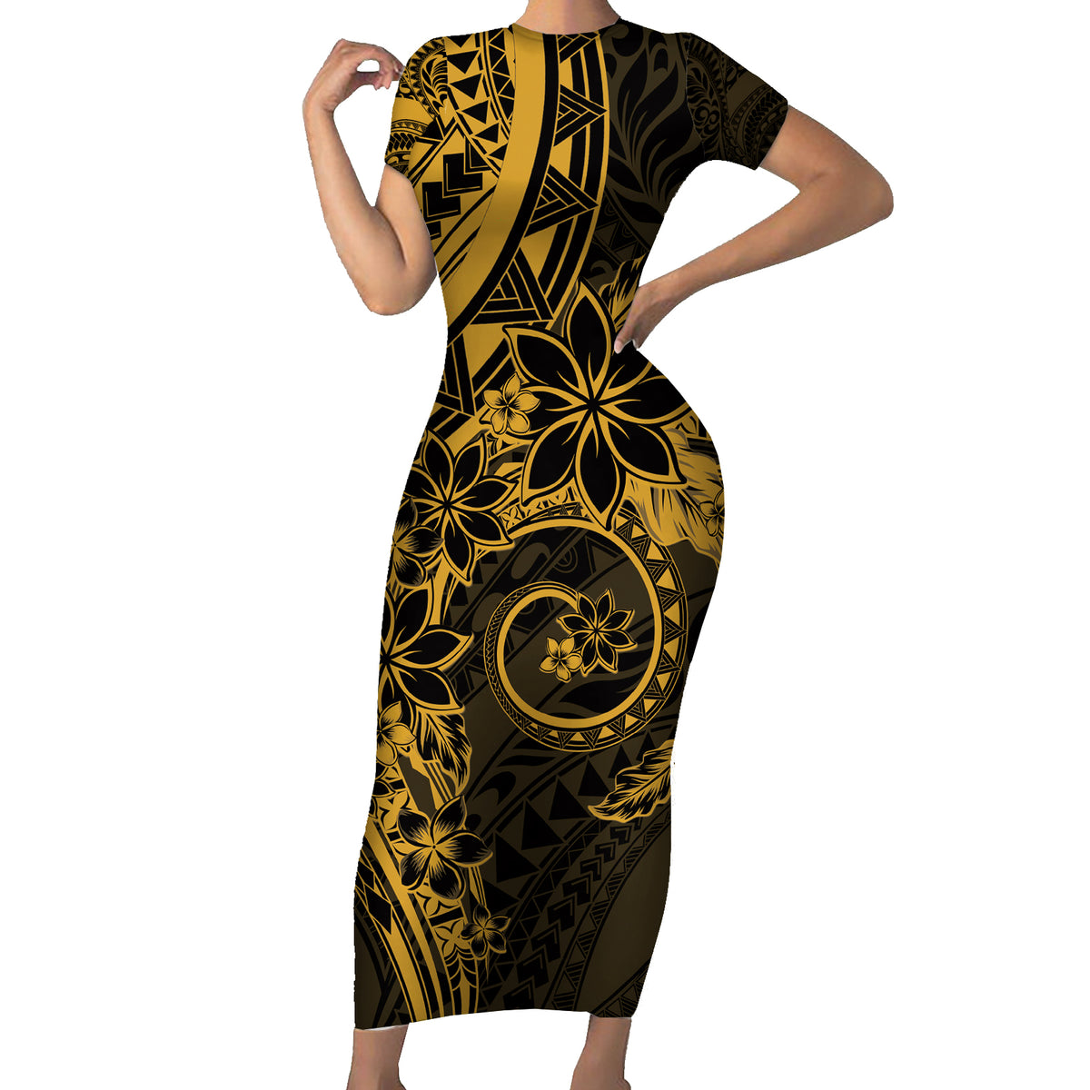 Polynesian Sunset Plumeria Family Matching Short Sleeve Bodycon Dress and Hawaiian Shirt Gold Polynesian Tattoo LT05 Mom's Dress Gold - Polynesian Pride
