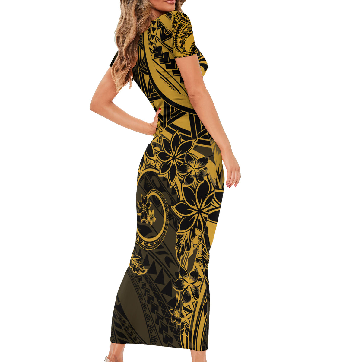 Polynesian Sunset Plumeria Family Matching Short Sleeve Bodycon Dress and Hawaiian Shirt Gold Polynesian Tattoo LT05 - Polynesian Pride