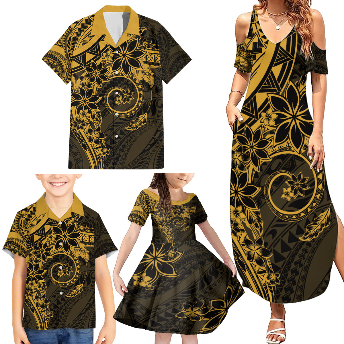 Polynesian Sunset Plumeria Family Matching Summer Maxi Dress and Hawaiian Shirt Gold Polynesian Tattoo LT05 - Polynesian Pride