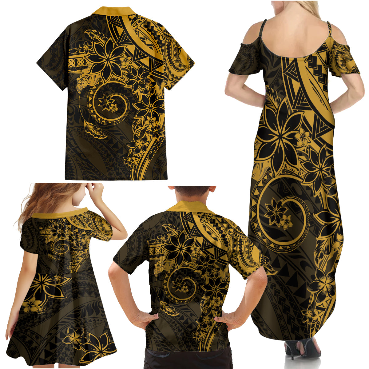 Polynesian Sunset Plumeria Family Matching Summer Maxi Dress and Hawaiian Shirt Gold Polynesian Tattoo LT05 - Polynesian Pride