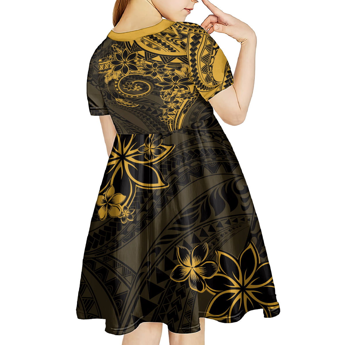 Polynesian Sunset Plumeria Kid Short Sleeve Dress Gold Polynesian Tattoo
