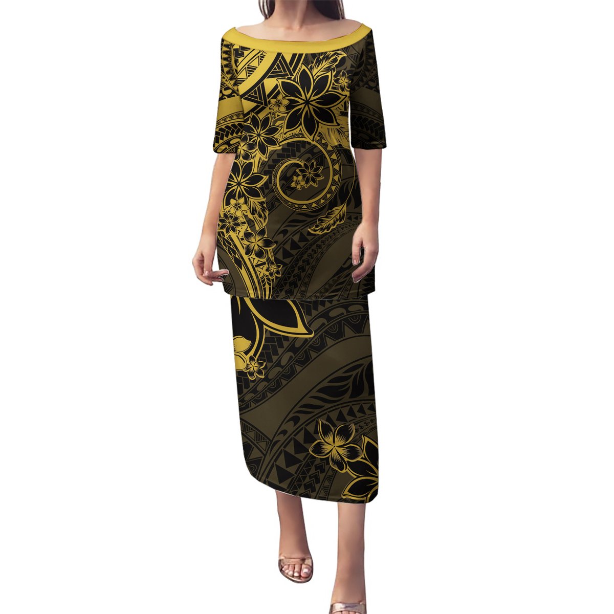 Polynesian Sunset Plumeria Puletasi Gold Polynesian Tattoo LT05 Long Dress Gold - Polynesian Pride