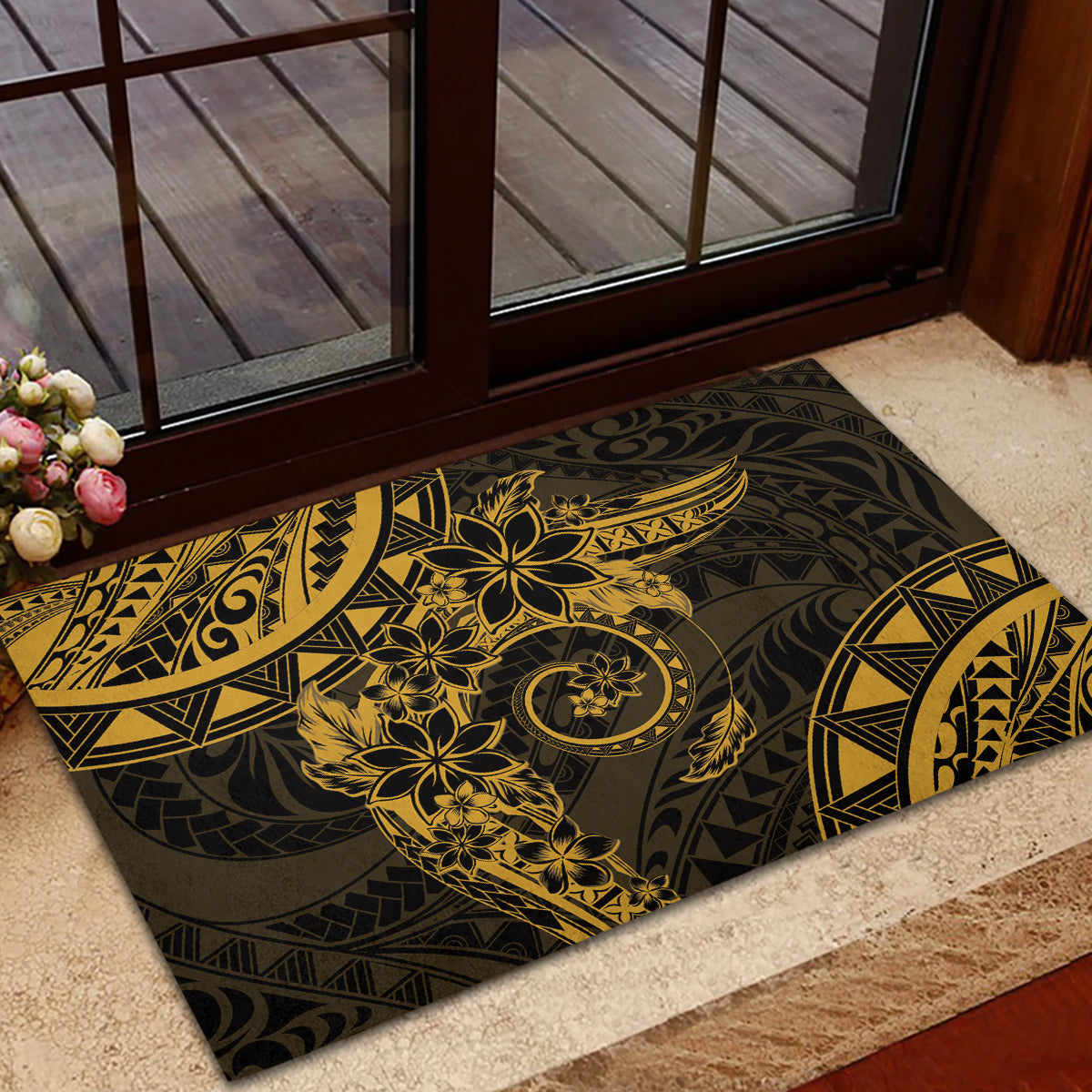 Polynesian Sunset Plumeria Rubber Doormat Gold Polynesian Tattoo