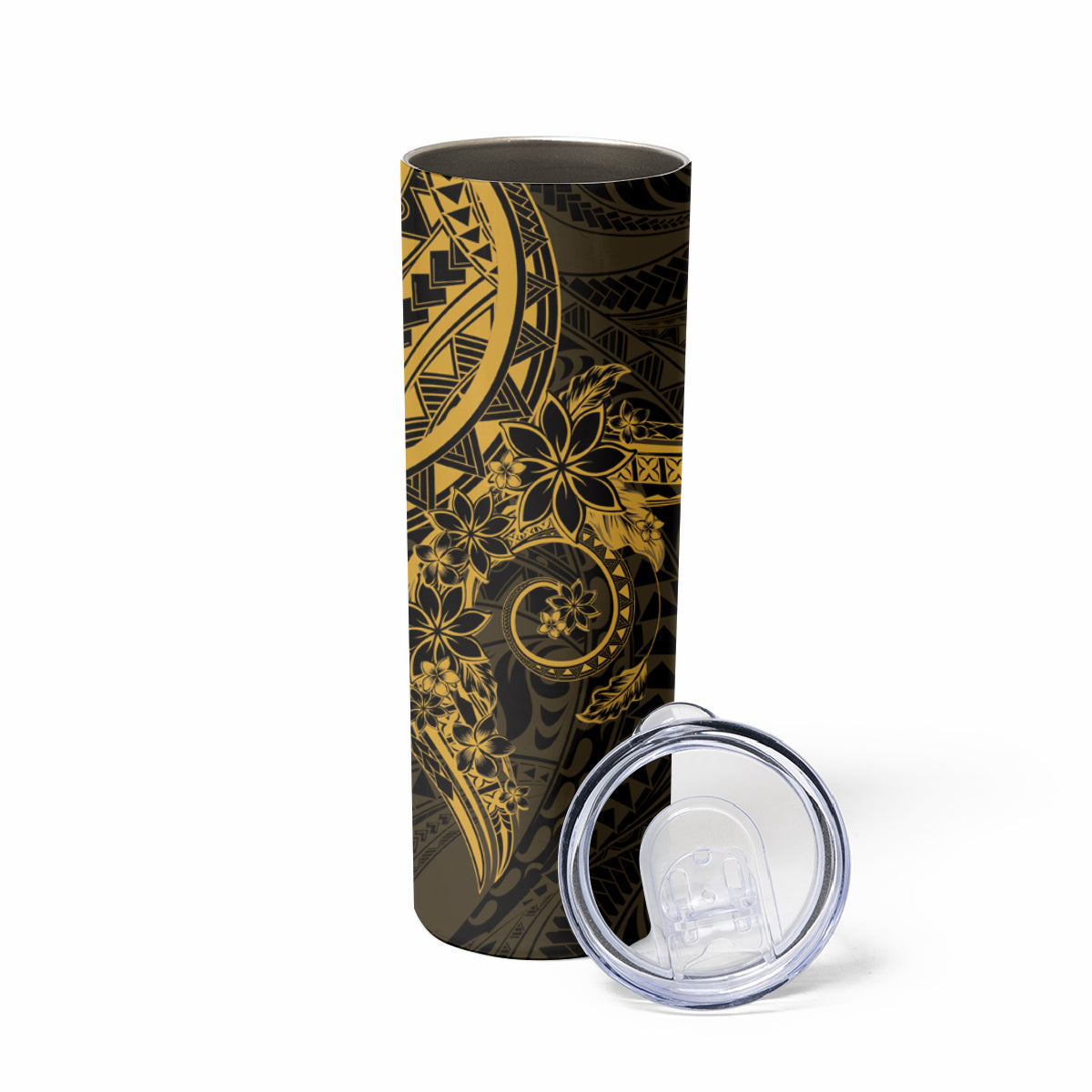 Gold Polynesian Pattern With Plumeria Flowers Skinny Tumbler