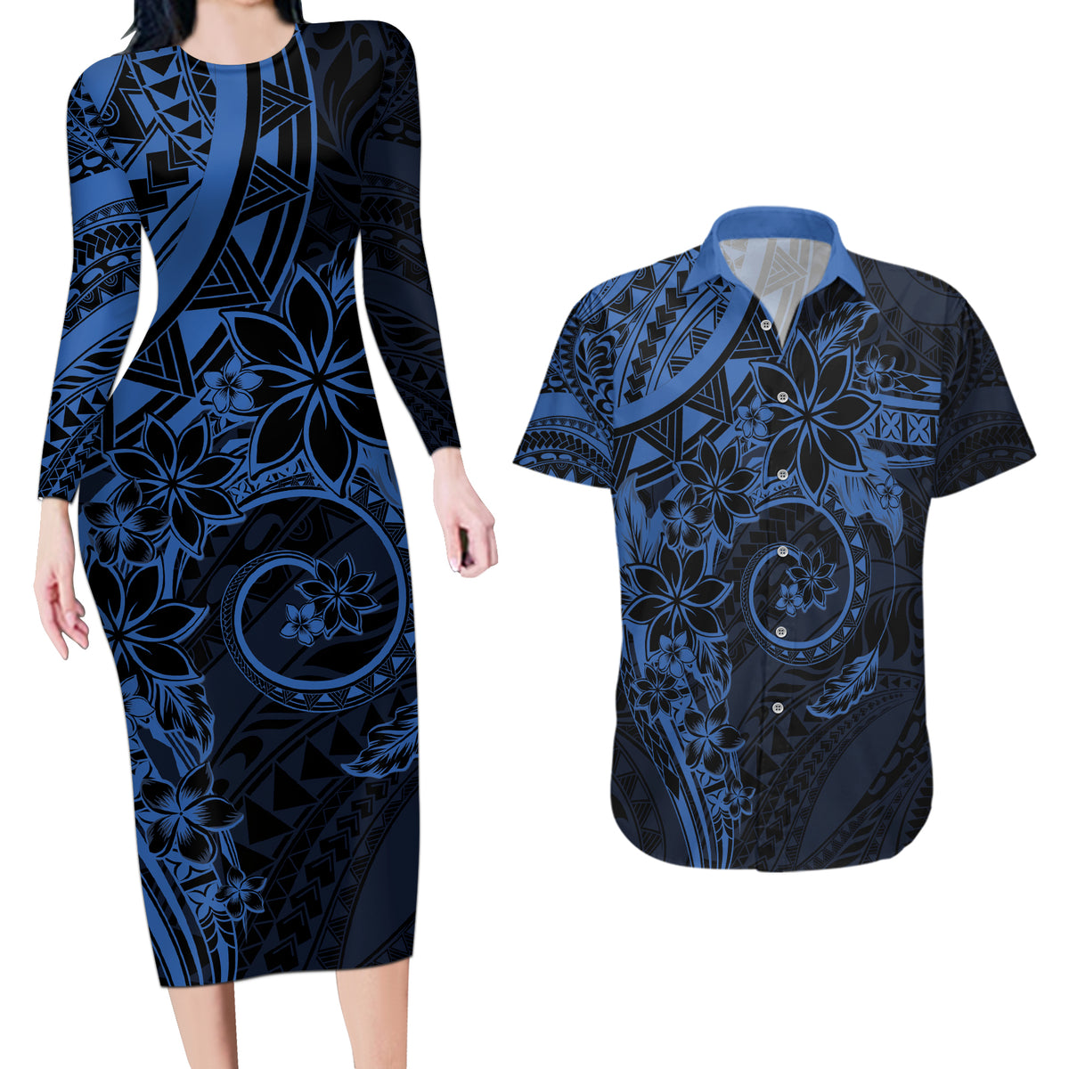 Polynesian Sunset Plumeria Couples Matching Long Sleeve Bodycon Dress and Hawaiian Shirt Navy Polynesian Tattoo LT05 Navy - Polynesian Pride