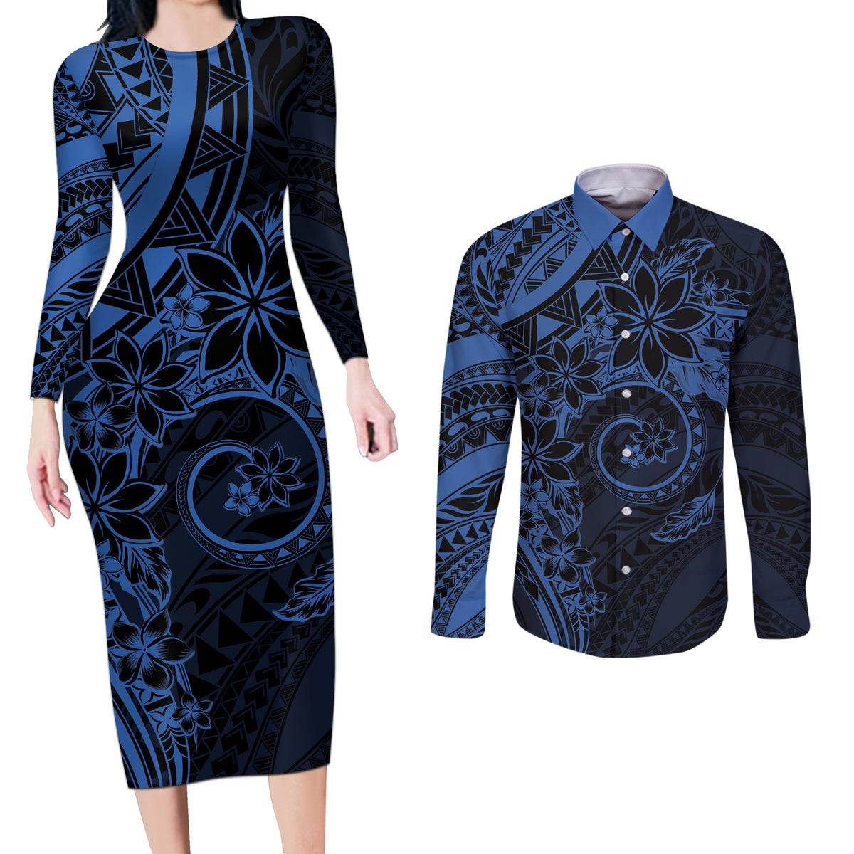 Polynesian Sunset Plumeria Couples Matching Long Sleeve Bodycon Dress and Long Sleeve Button Shirt Navy Polynesian Tattoo LT05 Navy - Polynesian Pride
