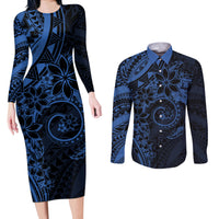 Polynesian Sunset Plumeria Couples Matching Long Sleeve Bodycon Dress and Long Sleeve Button Shirt Navy Polynesian Tattoo LT05 Navy - Polynesian Pride