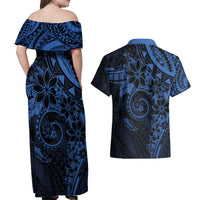 Polynesian Sunset Plumeria Couples Matching Off Shoulder Maxi Dress and Hawaiian Shirt Navy Polynesian Tattoo LT05 - Polynesian Pride