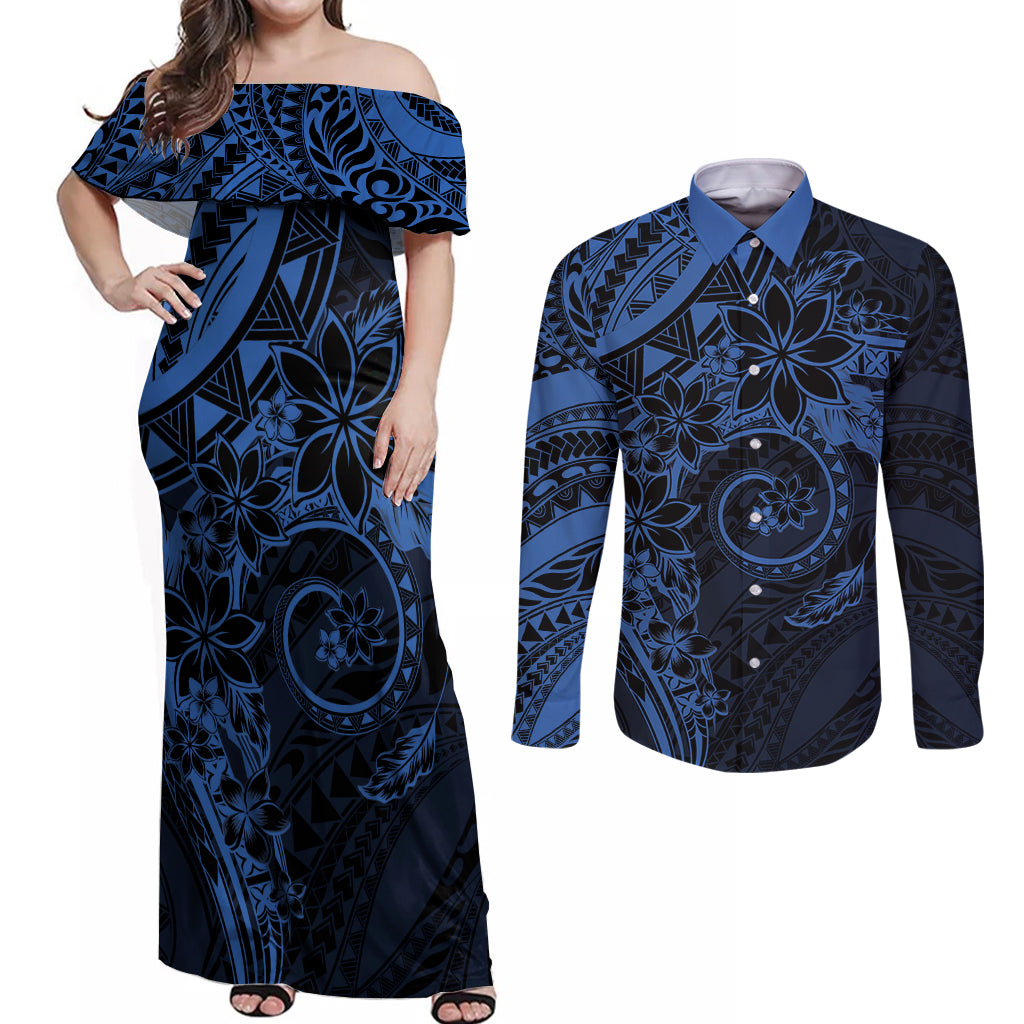 Polynesian Sunset Plumeria Couples Matching Off Shoulder Maxi Dress and Long Sleeve Button Shirt Navy Polynesian Tattoo