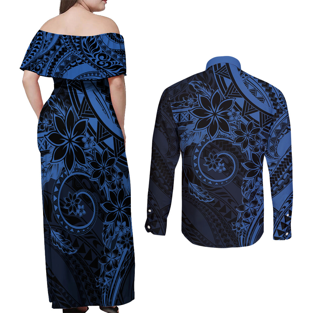 Polynesian Sunset Plumeria Couples Matching Off Shoulder Maxi Dress and Long Sleeve Button Shirt Navy Polynesian Tattoo