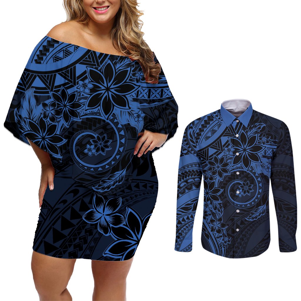 Polynesian Sunset Plumeria Couples Matching Off Shoulder Short Dress and Long Sleeve Button Shirt Navy Polynesian Tattoo