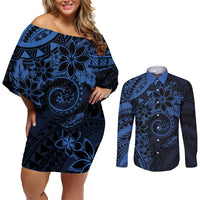Polynesian Sunset Plumeria Couples Matching Off Shoulder Short Dress and Long Sleeve Button Shirt Navy Polynesian Tattoo