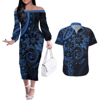 Polynesian Sunset Plumeria Couples Matching Off The Shoulder Long Sleeve Dress and Hawaiian Shirt Navy Polynesian Tattoo LT05 Navy - Polynesian Pride