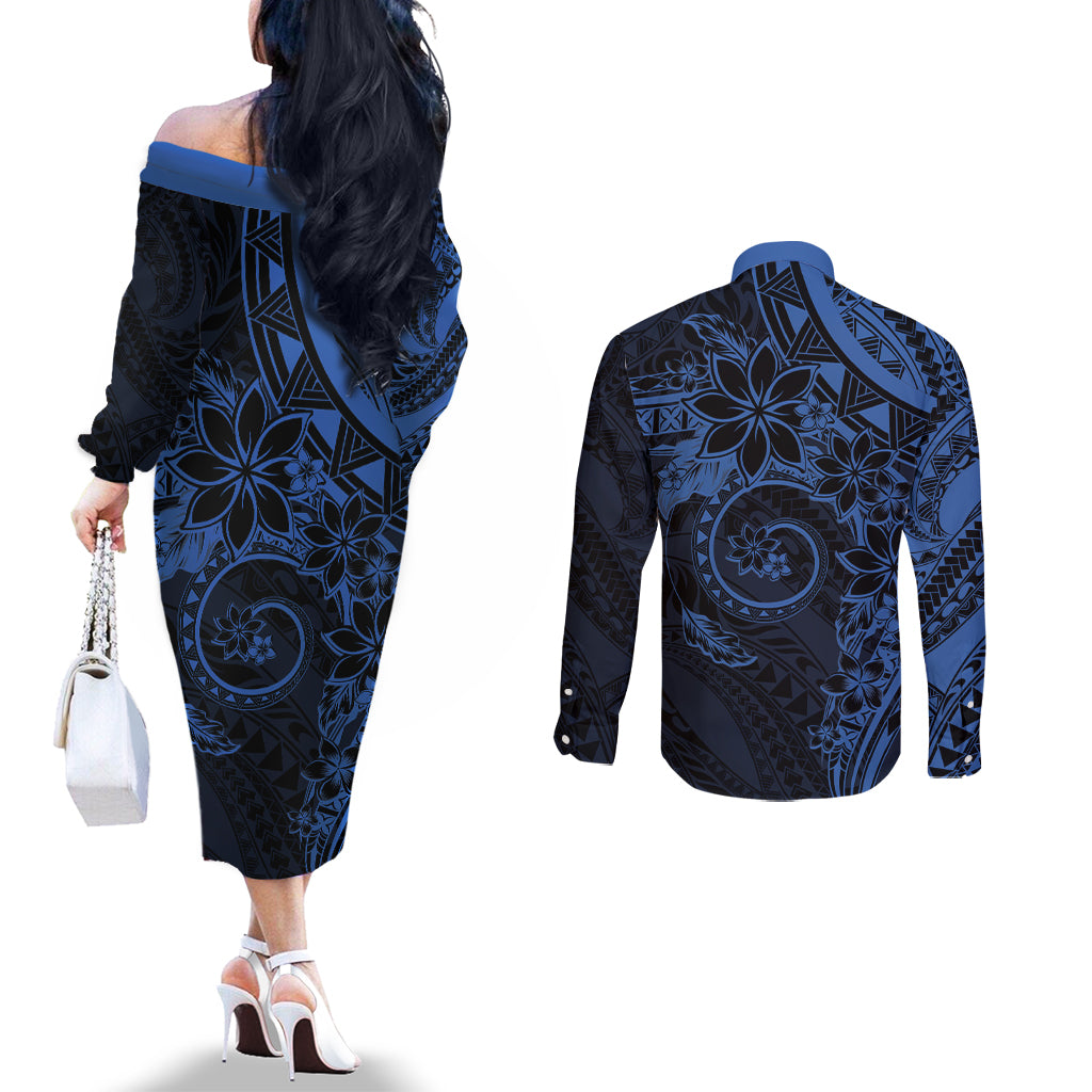 Polynesian Sunset Plumeria Couples Matching Off The Shoulder Long Sleeve Dress and Long Sleeve Button Shirt Navy Polynesian Tattoo LT05 - Polynesian Pride