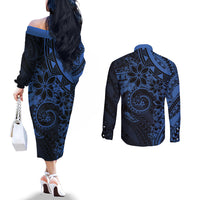 Polynesian Sunset Plumeria Couples Matching Off The Shoulder Long Sleeve Dress and Long Sleeve Button Shirt Navy Polynesian Tattoo LT05 - Polynesian Pride