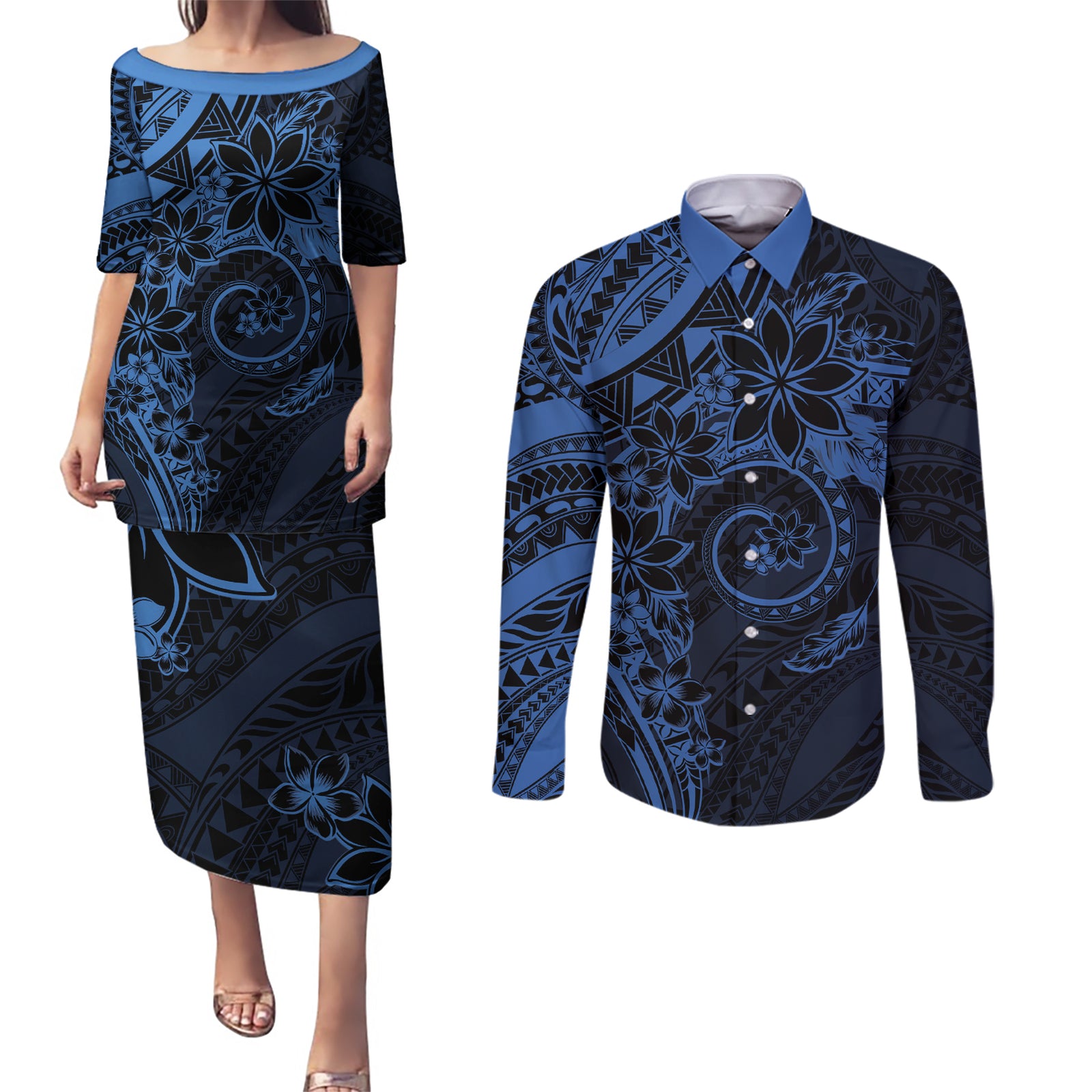 Polynesian Sunset Plumeria Couples Matching Puletasi and Long Sleeve Button Shirt Navy Polynesian Tattoo