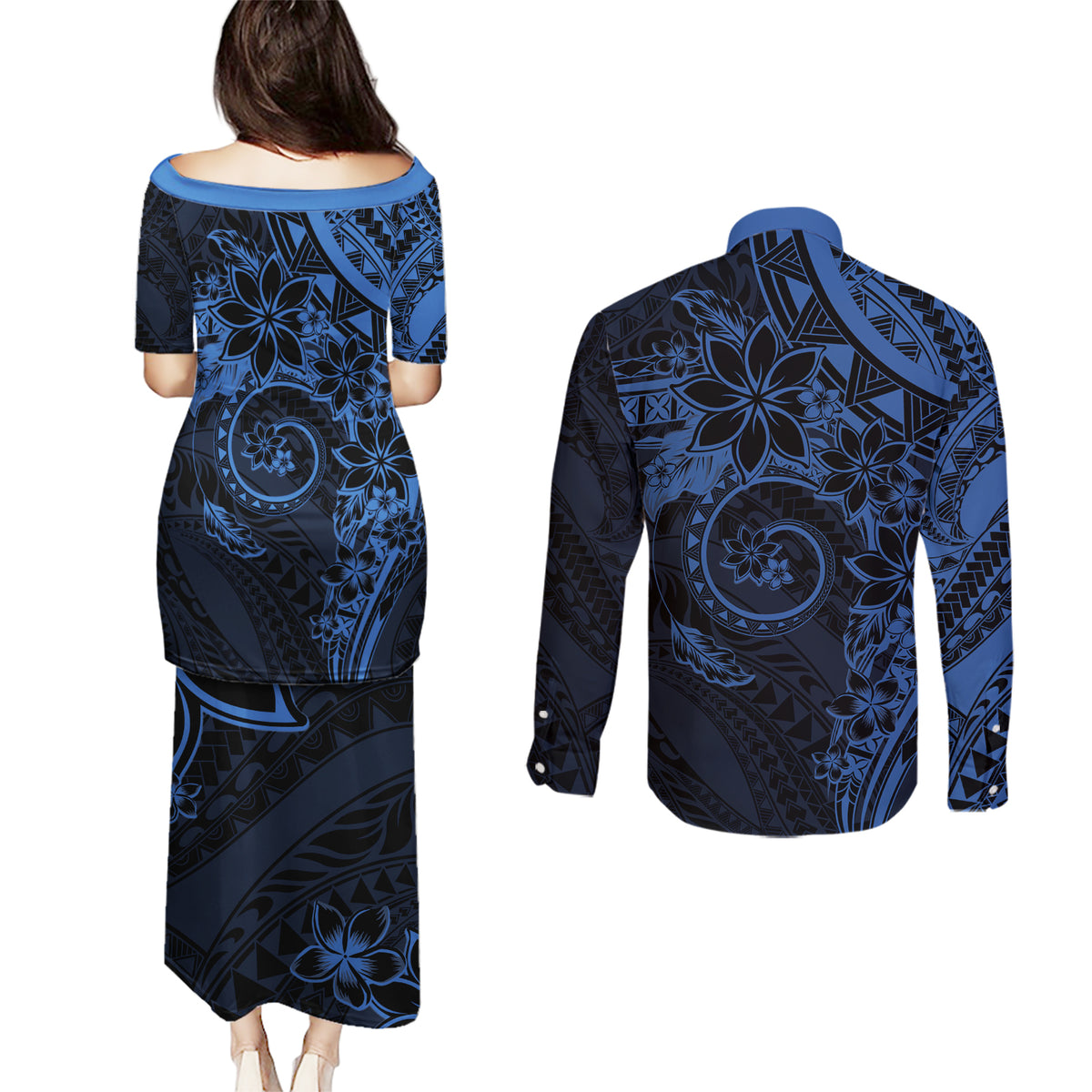 Polynesian Sunset Plumeria Couples Matching Puletasi and Long Sleeve Button Shirt Navy Polynesian Tattoo