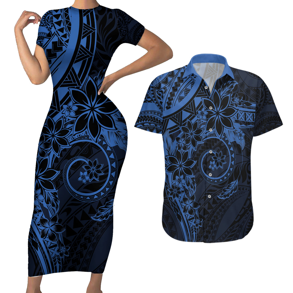 Polynesian Sunset Plumeria Couples Matching Short Sleeve Bodycon Dress and Hawaiian Shirt Navy Polynesian Tattoo LT05 Navy - Polynesian Pride