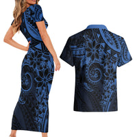 Polynesian Sunset Plumeria Couples Matching Short Sleeve Bodycon Dress and Hawaiian Shirt Navy Polynesian Tattoo LT05 - Polynesian Pride