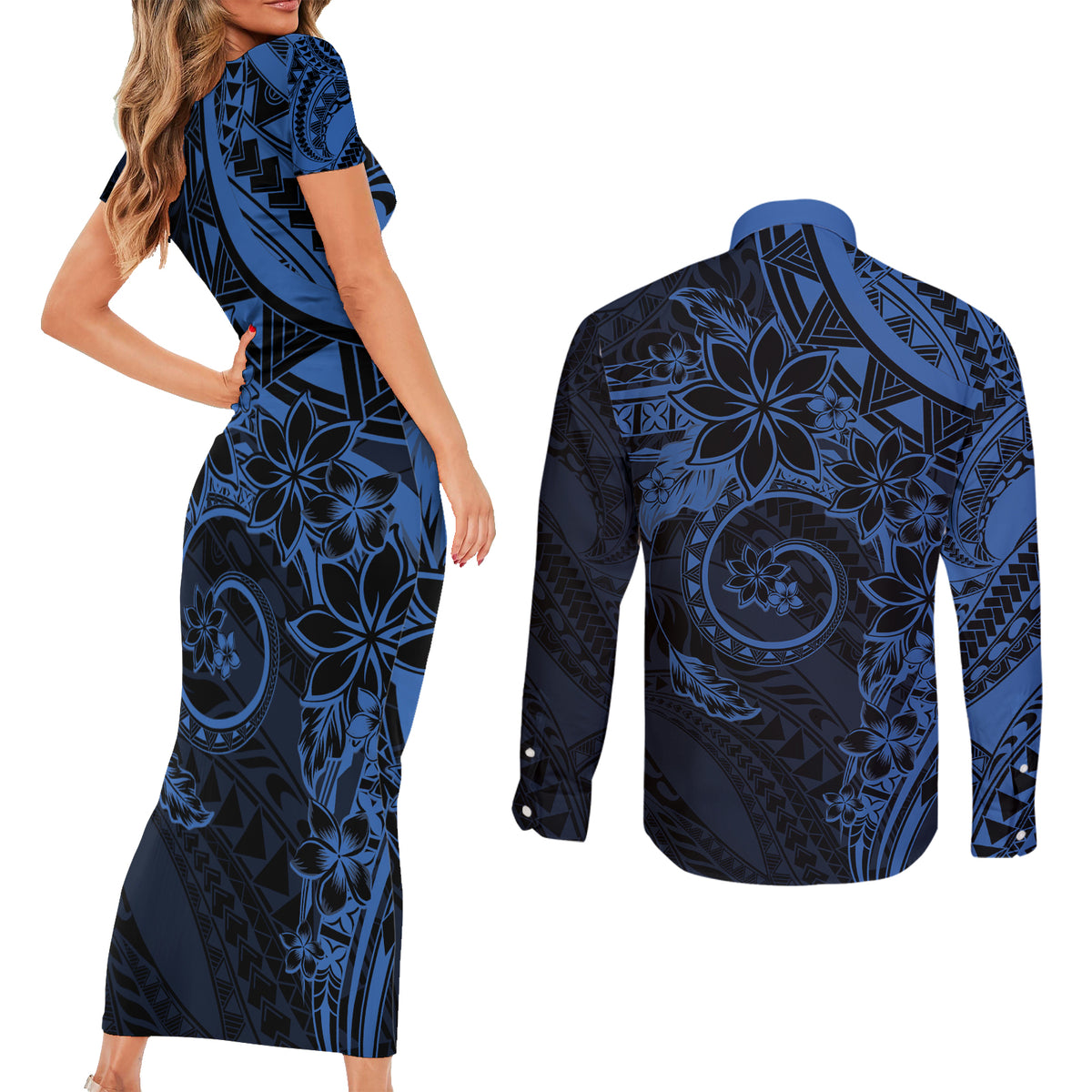 Polynesian Sunset Plumeria Couples Matching Short Sleeve Bodycon Dress and Long Sleeve Button Shirt Navy Polynesian Tattoo LT05 - Polynesian Pride